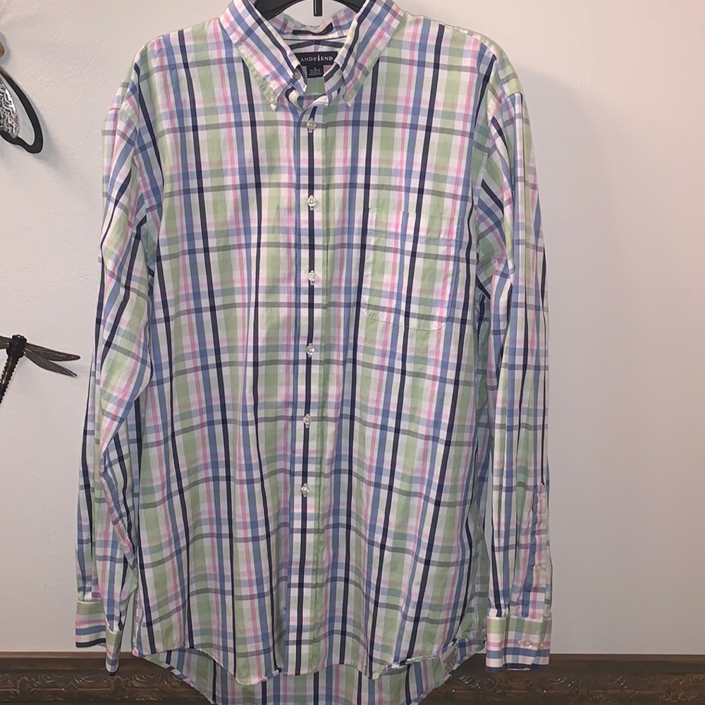 Lands’ End Oxford Button Down Shirt Mens L 16-16.5 Pastel Plaid Washed Pinpoint